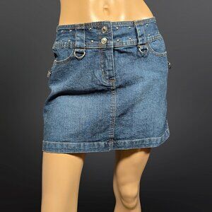 Y2K Studded Denim Mini Skirt Size 9 D Rings Mid Rise Grunge Indie Sleaze Emo